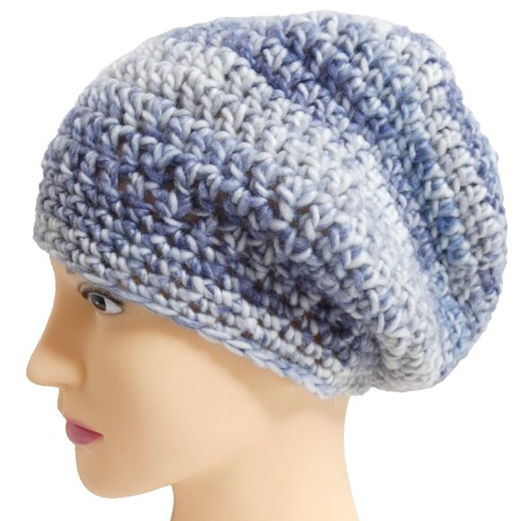 Blue Wool Slouchy Cap Striped Hat Baggy Beanie Handmade Crochet Hand Knit USA OS - Picture 3 of 7
